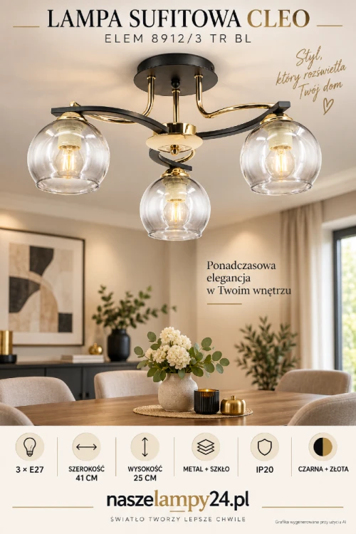 Plafon CLEO 3xE27 to elegancka lampa sufitowa wykonana z metalu i szkła. Czarno-złota konstrukcja oraz trzy przezroczyste klosze podkreślą nowoczesne wnętrze. Wymiary: 41 × 25 cm, stopień ochrony IP20, marka Elem.