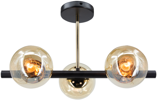 Lampa sufitowa OTIS 3xE27 Elem łączy czarną konstrukcję, złote detale i trzy bursztynowe klosze. Nowoczesne oświetlenie do salonu, jadalni, sypialni lub przedpokoju. Wymiary: 50 × 30 × 31 cm, IP20.