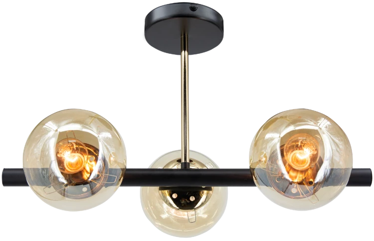 Lampa sufitowa OTIS 3xE27 Elem łączy czarną konstrukcję, złote detale i trzy bursztynowe klosze. Nowoczesne oświetlenie do salonu, jadalni, sypialni lub przedpokoju. Wymiary: 50 × 30 × 31 cm, IP20.