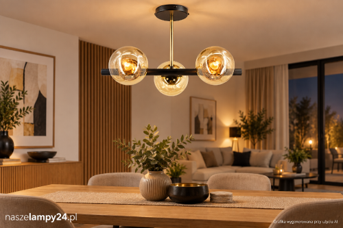 Czarna i złota lampa sufitowa OTIS 3010/3 BL TR z trzema bursztynowymi kulami. Efektowny model marki Elem pasuje do wnętrz nowoczesnych, loftowych i glamour. 3xE27, szerokość 50 cm, wysokość 31 cm.