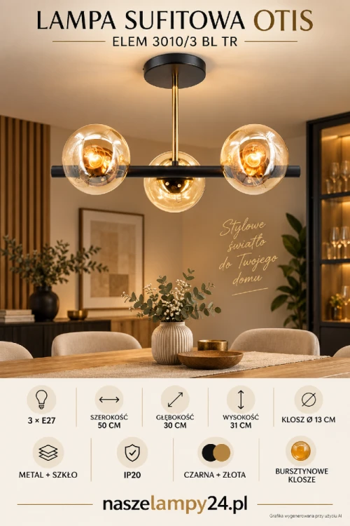 Lampa OTIS 3xE27 z bursztynowymi kloszami tworzy ciepły, przytulny efekt świetlny. Czarno-złota metalowa konstrukcja doskonale uzupełni salon, jadalnię lub sypialnię. Klosze Ø13 cm, wysokość 31 cm, IP20.