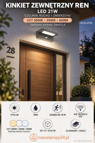 Nowoczesny kinkiet elewacyjny REN z czujnikiem ruchu i zmierzchu. Zintegrowany LED 21W, 1710 lm, barwa 4000K i ochrona IP65. Antracytowa obudowa z aluminium doskonale pasuje do współczesnych domów.