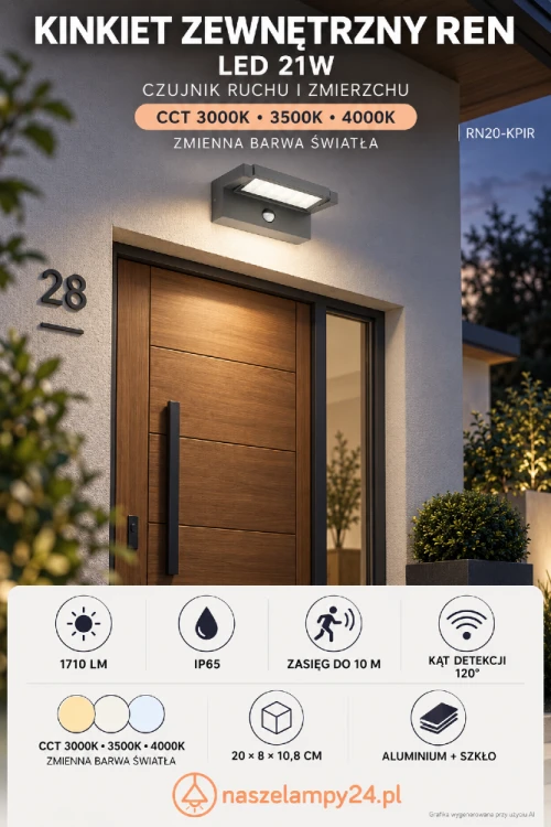 Nowoczesny kinkiet elewacyjny REN z czujnikiem ruchu i zmierzchu. Zintegrowany LED 21W, 1710 lm, barwa 4000K i ochrona IP65. Antracytowa obudowa z aluminium doskonale pasuje do współczesnych domów.