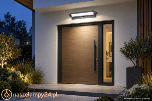 Lampa zewnętrzna REN LED 27W zapewnia 2920 lm światła. Czujnik PIR, funkcja zmiany barwy CCT oraz regulowana głowica zwiększają komfort użytkowania. Kinkiet IP65 idealny nad drzwi, garaż lub na elewację