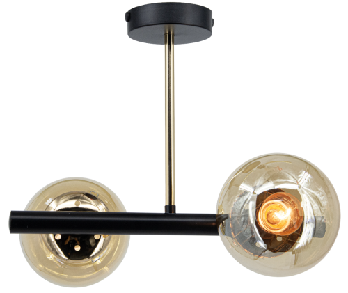 Lampa sufitowa OTIS 2xE27 Elem łączy czarną konstrukcję, złoty detal i dwa bursztynowe klosze w kształcie kul. Stylowe oświetlenie do salonu, sypialni, jadalni lub przedpokoju. Wymiary: 35 × 30 × 31 cm, IP20.