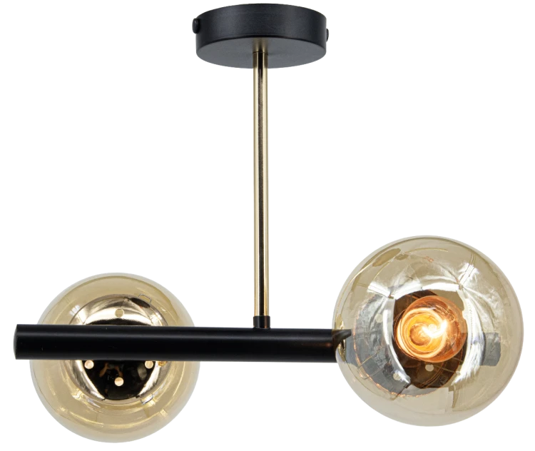 Lampa sufitowa OTIS 2xE27 Elem łączy czarną konstrukcję, złoty detal i dwa bursztynowe klosze w kształcie kul. Stylowe oświetlenie do salonu, sypialni, jadalni lub przedpokoju. Wymiary: 35 × 30 × 31 cm, IP20.
