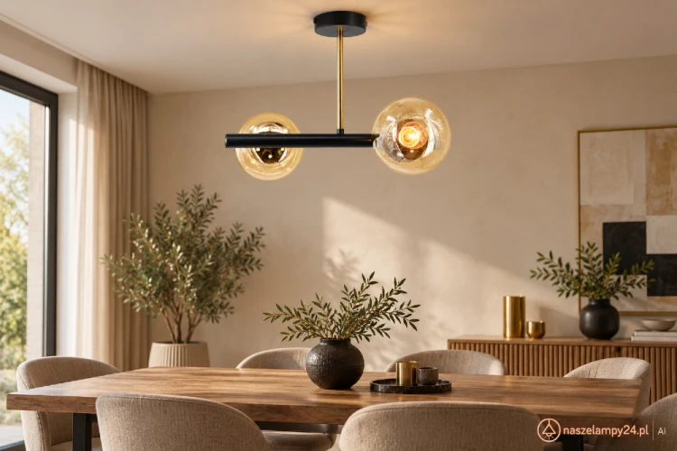 Nowoczesna lampa sufitowa OTIS Elem z dwoma bursztynowymi kloszami zachwyca połączeniem czerni i złota. Model 2xE27 doskonale pasuje do wnętrz loftowych, eleganckich i glamour. Szerokość 35 cm, wysokość 31 cm.