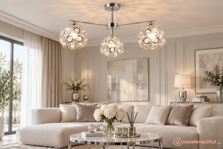 Chromowana lampa sufitowa NEAPOL Elem 1859/3A posiada trzy dekoracyjne klosze, które efektownie odbijają światło. Doskonała do wnętrz glamour i nowoczesnych. Metal i szkło, 3xE27, maks. 60 W, szerokość 78 cm.