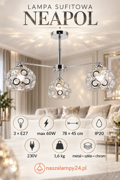 Lampa NEAPOL 3xE27 w kolorze chromu to elegancka oprawa z trzema kryształowymi kulami. Rozświetli salon, sypialnię, jadalnię lub gabinet, tworząc dekoracyjne refleksy. Model Elem 1859/3A, wysokość 45 cm, IP20.