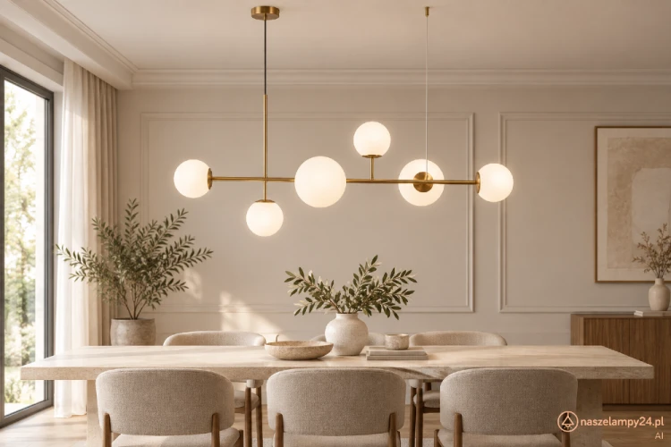 VAILANTE Italux to elegancka lampa nad stół z 6 białymi kulami i konstrukcją w kolorze miodowego mosiądzu. Model ma 115 cm szerokości, regulowaną wysokość 54–110 cm oraz oprawki 2 × E27 i 4 × E14.