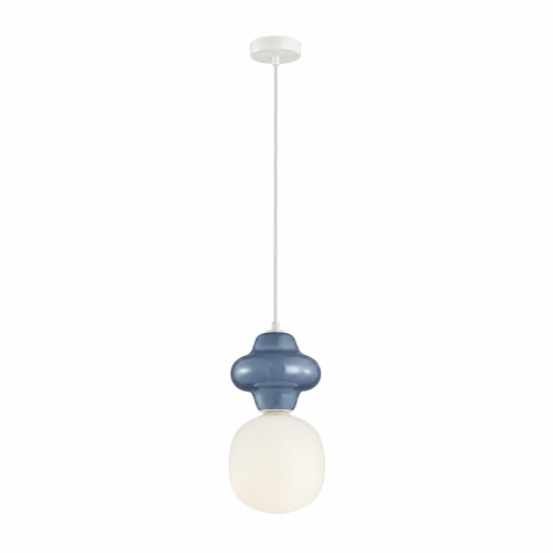 Lampa sufitowa LATERA niebieska 1xE14 Italux to stylowe oświetlenie z białym, zamkniętym kloszem i dekoracyjnym elementem ceramicznym nad kloszem. Idealna do pokoju dziecięcego, kuchni czy jadalni. Regulowana wysokość, IP20, max 40W