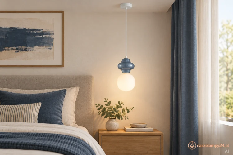 Niebieska lampa wisząca Italux PND-94331-1L-BLU z białym kloszem z opalowego szkła. Średnica 18 cm, wysokość 36,5 cm i zawieszenie do 120 cm. Idealna nad stolik nocny, blat, barek lub niewielki stół.