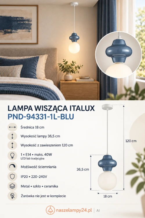 Nowoczesna lampa wisząca Italux z dekoracyjnym niebieskim elementem i białą opalową kulą. Kompaktowa średnica 18 cm sprawdzi się w sypialni, kuchni i jadalni. Gwint E14, maks. 40W, IP20, wysokość do 120 cm.
