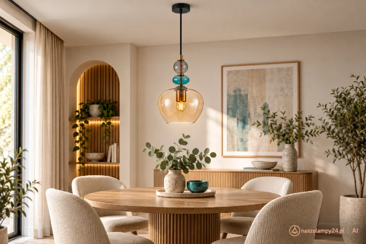 Nowoczesna lampa BUSCO 1xE27 z bursztynowym szkłem i eleganckimi detalami to idealny wybór nad stół lub wyspę kuchenną. Zapewnia nastrojowe światło i wyjątkowy wygląd wnętrza.