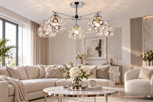 Chromowana lampa sufitowa NEAPOL 1859/5A z pięcioma oprawkami E27 efektownie rozświetli salon, jadalnię lub sypialnię. Ozdobne klosze ze szklanymi elementami odbijają światło i podkreślają elegancki charakter aranżacji glamour.