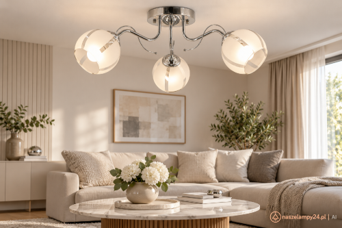 Chromowana lampa sufitowa FRIDA marki Elem z trzema oprawkami E27 efektownie oświetli salon, sypialnię albo jadalnię. Białe szklane klosze z przezroczystymi pasami nadają jej lekki, elegancki i uniwersalny wygląd.