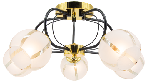 Lampa sufitowa RUBY 5xE27 czarna złota Elem 8966/5 BL TR ma pięć szklanych kloszy oraz dekoracyjnie wygięte ramiona. Eleganckie oświetlenie do salonu, jadalni, sypialni i przedpokoju, pasujące do wnętrz nowoczesnych i glamour.