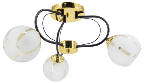 RUBY 8966/3 BL TR to czarno-złota lampa sufitowa z trzema oprawkami E27. Biało-przezroczyste klosze ze szkła łagodnie rozpraszają światło. Model marki Elem pasuje do wnętrz nowoczesnych, eleganckich oraz glamour.