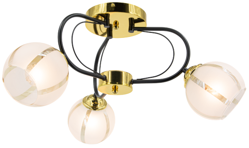 Lampa sufitowa RUBY 3xE27 czarna złota Elem 8966/3 BL TR łączy trzy szklane klosze z dekoracyjnie wygiętymi ramionami. Elegancki plafon do salonu, jadalni, sypialni, gabinetu lub przedpokoju.