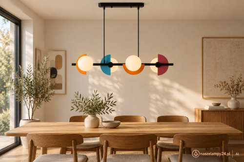 Kolorowa lampa sufitowa NAUTI Italux z czterema szklanymi kulami i oprawkami G9. Czarne wykończenie oraz niebieskie, pomarańczowe i czerwone akcenty pasują do nowoczesnej kuchni, jadalni, salonu lub pokoju młodzieżowego.
