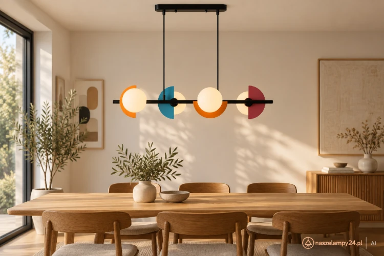 Kolorowa lampa sufitowa NAUTI Italux z czterema szklanymi kulami i oprawkami G9. Czarne wykończenie oraz niebieskie, pomarańczowe i czerwone akcenty pasują do nowoczesnej kuchni, jadalni, salonu lub pokoju młodzieżowego.