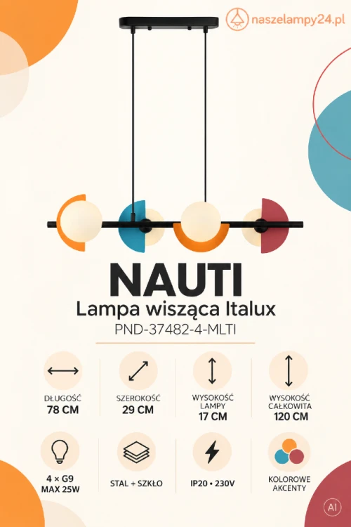 NAUTI PND-37482-4-MLTI to designerska lampa wisząca 4xG9 marki Italux. Czarna belka, mleczne kule i kolorowe detale tworzą efektowną kompozycję. Długość 78 cm czyni ją świetnym oświetleniem nad stół lub wyspę.