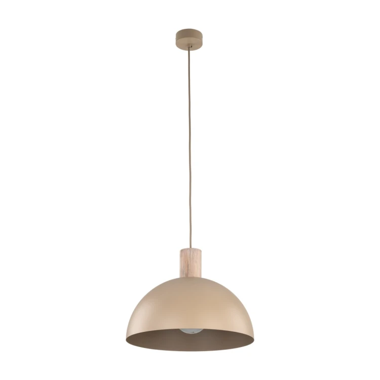 Lampa wisząca OSLO Sabia 11010 TK-Lighting w kolorze beżowym ma metalowy klosz o średnicy 33,5 cm i drewniany akcent. Doskonale sprawdzi się nad stołem, wyspą kuchenną lub barkiem. Oprawa na wymienną żarówkę E27 LED.