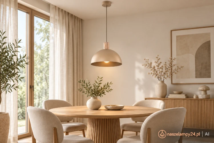 Beżowa lampa sufitowa OSLO 1xE27 TK-Lighting to stylowe oświetlenie kuchni i jadalni. Półokrągły metalowy klosz kieruje światło na blat, a detal w kolorze drewna ociepla aranżację. Idealna nad stół, wyspę lub stolik.