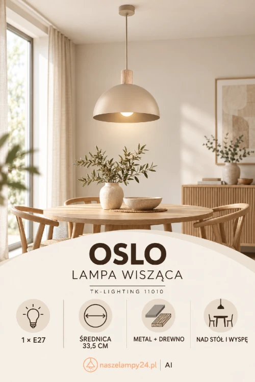 Lampa nad stół OSLO Sabia marki TK-Lighting łączy beżowy metalowy klosz z elementem w odcieniu naturalnego drewna. Oprawa o średnicy 33,5 cm pasuje do kuchni, jadalni i restauracji. Źródło światła: 1xE27, maks. 15W LED.