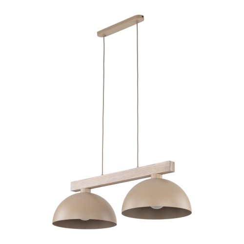 Lampa wisząca OSLO Sabia 11011 TK-Lighting ma dwa beżowe klosze z metalu i belkę w kolorze jasnego drewna. Szerokość 83 cm sprawia, że doskonale pasuje nad długi stół, wyspę kuchenną lub barek. Źródło światła: 2xE27.