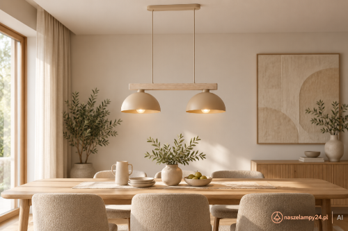 Beżowa lampa sufitowa OSLO 2xE27 marki TK-Lighting to nowoczesne oświetlenie kuchni i jadalni. Dwa metalowe klosze o średnicy 33,5 cm kierują światło na blat, a drewniana belka nadaje oprawie naturalny i przytulny wygląd.