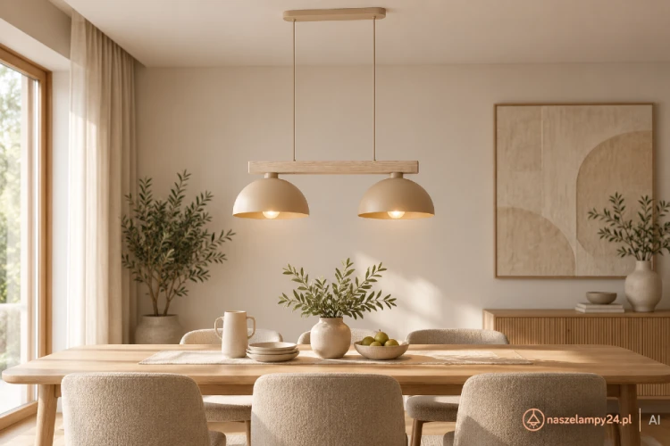 Beżowa lampa sufitowa OSLO 2xE27 marki TK-Lighting to nowoczesne oświetlenie kuchni i jadalni. Dwa metalowe klosze o średnicy 33,5 cm kierują światło na blat, a drewniana belka nadaje oprawie naturalny i przytulny wygląd.