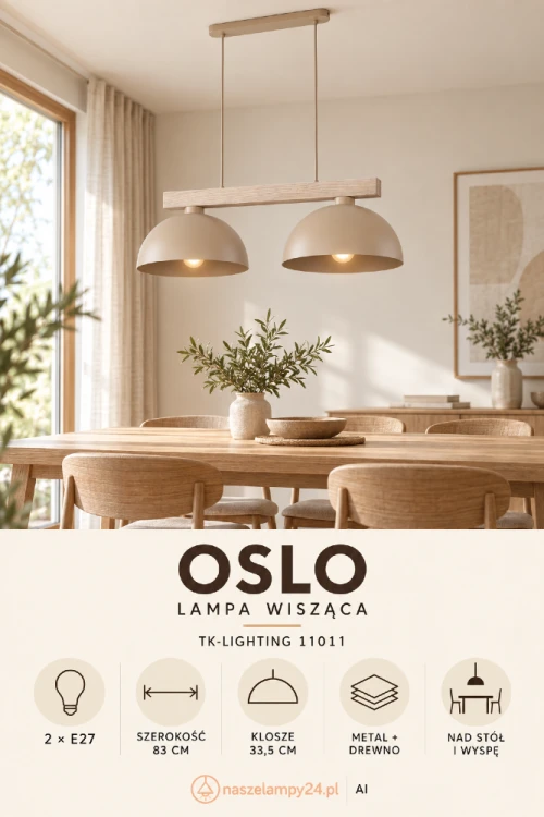 OSLO 11011 to lampa wisząca nad stół lub wyspę kuchenną. Dwa beżowe klosze Sabia rozmieszczone na drewnianej belce równomiernie oświetlają długi blat. Model ma szerokość 83 cm i dwa wymienne źródła światła E27 LED.