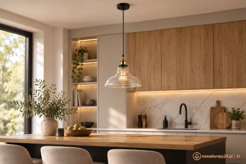 Lampa sufitowa HUBERT 1xE27 zachwyca połączeniem przezroczystego szkła, czerni i złota. Klosz o średnicy 28 cm efektownie eksponuje żarówkę. Regulowana wysokość do 100 cm. Do kuchni, jadalni, salonu i restauracji.