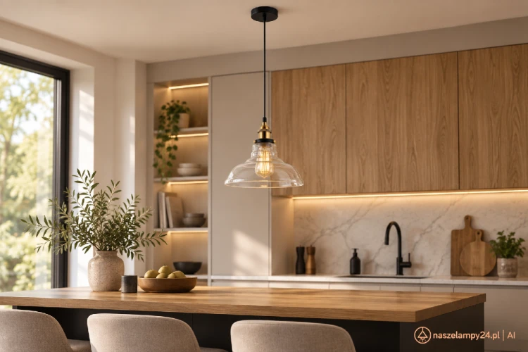 Lampa sufitowa HUBERT 1xE27 zachwyca połączeniem przezroczystego szkła, czerni i złota. Klosz o średnicy 28 cm efektownie eksponuje żarówkę. Regulowana wysokość do 100 cm. Do kuchni, jadalni, salonu i restauracji.