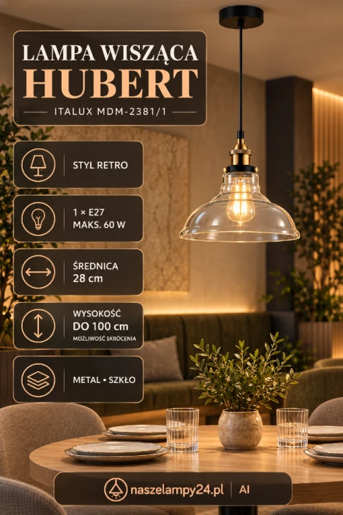Stylowa lampa wisząca HUBERT Italux z przezroczystym szklanym kloszem. Czarna oprawa ze złotymi detalami pasuje do wnętrz retro, loftowych i nowoczesnych. Wysokość do 100 cm można skrócić. Źródło światła: 1xE27.