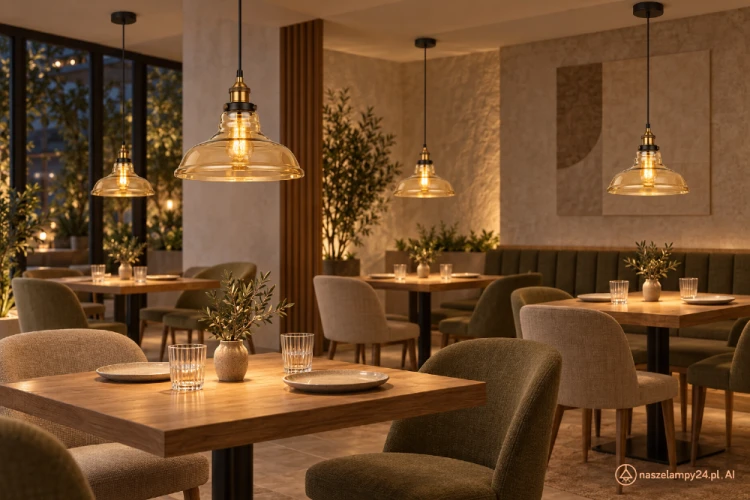 Bursztynowa lampa wisząca HUBERT Italux w stylu retro i industrialnym. Szklany klosz, czarny przewód oraz złote detale tworzą elegancką całość. Wysokość 98 cm, średnica 28 cm, źródło światła 1xE27 do 60 W.