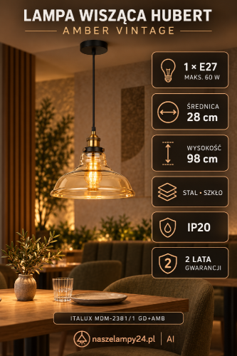 HUBERT Amber to stylowa lampa wisząca Italux z bursztynowym szklanym kloszem. Złote i czarne detale podkreślają charakter retro. Oprawa 1xE27, średnica 28 cm i wysokość 98 cm. Do kuchni, jadalni, salonu oraz restauracji.
