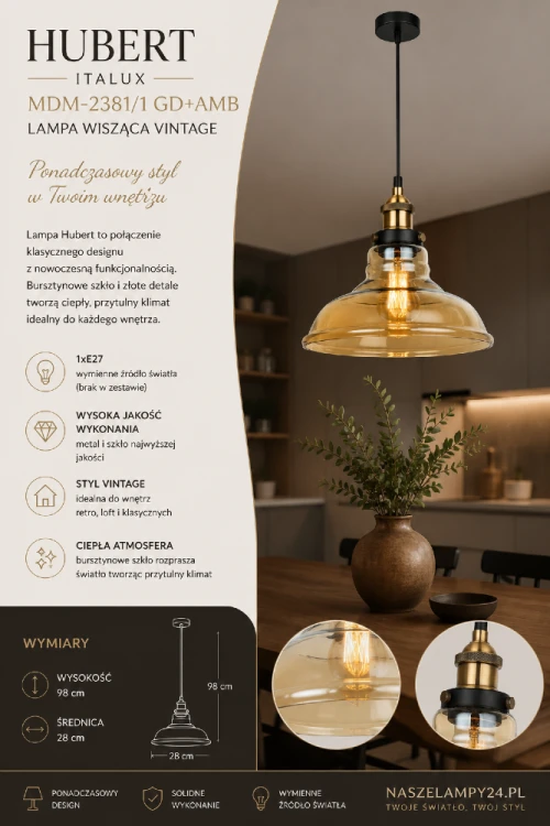 Lampa sufitowa HUBERT Amber Vintage łączy bursztynowe szkło z czernią i złotem. Klosz o średnicy 28 cm efektownie eksponuje żarówkę E27. Model Italux MDM-2381/1 GD+AMB sprawdzi się nad stołem, wyspą kuchenną i barkiem.