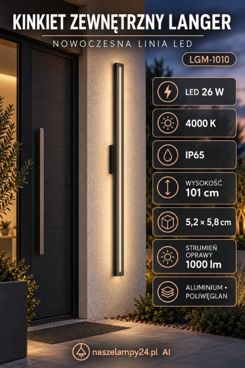 LANGER LGM-1010 to wysoki kinkiet zewnętrzny LED przeznaczony na nowoczesną elewację. Aluminiowa obudowa, klosz z poliwęglanu, moc 26 W, 4000 K i IP65. Smukła forma 101 cm sprawdzi się także przy drzwiach i garażu.