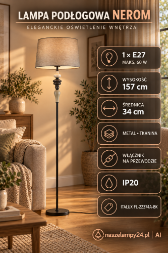 Elegancka lampa stojąca NEROM 157 cm z czarną konstrukcją i szarym abażurem z tkaniny. Model Italux 1xE27 pasuje obok sofy, fotela lub łóżka. Średnica 34 cm, moc do 60 W, włącznik na przewodzie, zasilanie 230 V i IP20.