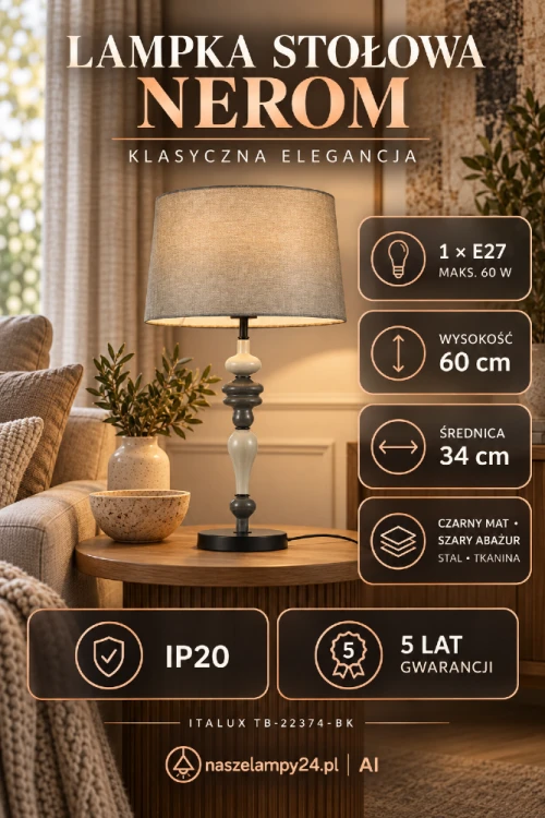 Lampka NEROM Italux łączy czarny mat z szarym tkaninowym abażurem. Wysokość 60 cm i średnica 34 cm zapewniają dekoracyjny wygląd. Oprawa 1xE27 jest odpowiednia do LED i może współpracować ze ściemnialną żarówką. Gwarancja 5 lat.