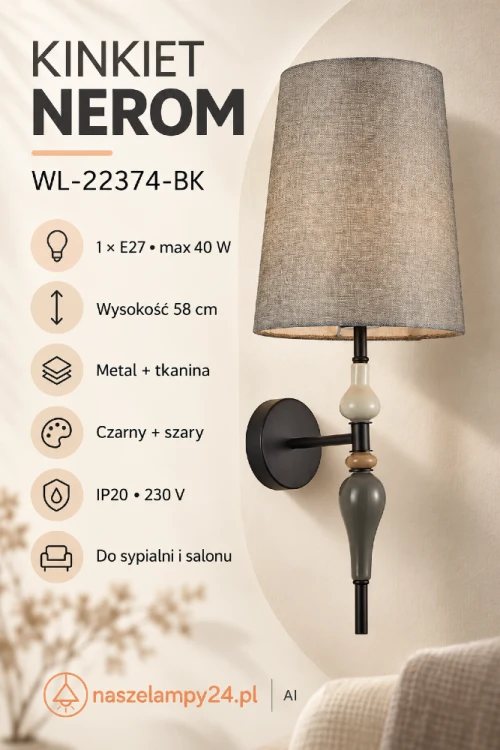 Elegancki kinkiet NEROM 1xE27 Italux z czarną metalową oprawą i szarym abażurem z tkaniny. Zapewnia przyjemne, rozproszone światło. Model o wysokości 58 cm sprawdzi się przy łóżku, w salonie, gabinecie, holu lub korytarzu.