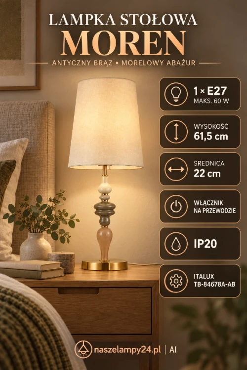 Elegancka lampka nocna MOREN 1xE27 marki Italux. Morelowy abażur łagodnie rozprasza światło, a dekoracyjna podstawa w antycznym brązie podkreśla styl retro. Wysokość 61,5 cm, średnica 22 cm i włącznik na przewodzie.