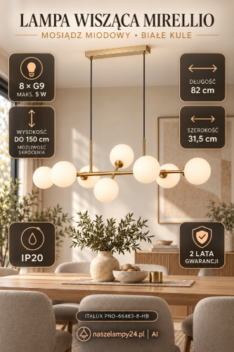 MIRELLIO to podłużna lampa wisząca Italux z ośmioma białymi kloszami w formie kul. Konstrukcja w kolorze mosiądzu miodowego pasuje do eleganckich wnętrz. Model 8xG9 sprawdzi się nad stołem w jadalni i wyspą kuchenną.