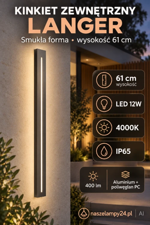 Lampa zewnętrzna LANGER LGD-610 o smukłej formie i wysokości 61 cm. Zintegrowany LED 12W, neutralne światło 4000K oraz szczelność IP65 zapewniają estetyczne i funkcjonalne oświetlenie wejścia, garażu lub tarasu.