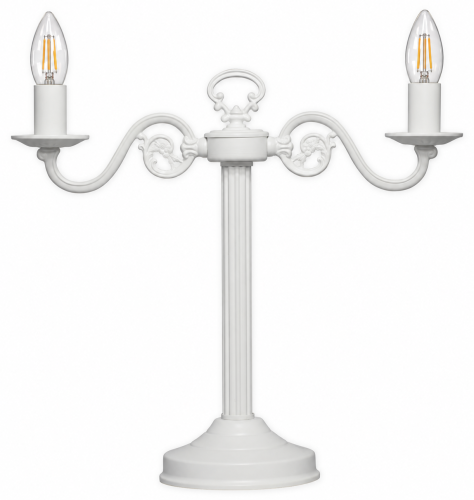 Lampa stołowa ŚWIECZNIK 388/L2 BIA marki Lemir ma dwa ramiona E14 i klasyczne białe wykończenie. Wysokość 55 cm i dekoracyjna forma sprawiają, że doskonale pasuje do salonu, sypialni, gabinetu oraz wnętrz retro.