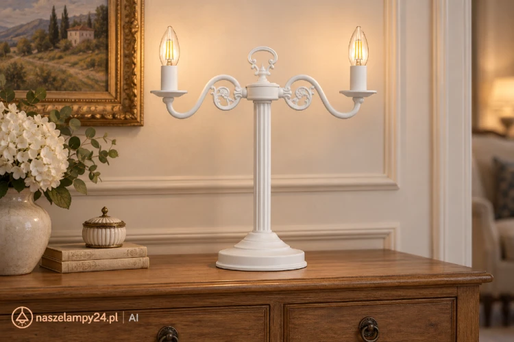 Biała lampa stołowa Lemir ŚWIECZNIK 2xE14 to eleganckie oświetlenie w stylu klasycznym. Stalowa konstrukcja, odlew ZNAL i matowe wykończenie podkreślą aranżację salonu, sypialni, holu lub gabinetu.