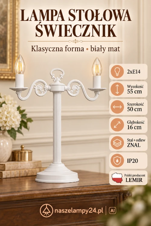 Klasyczna lampa stołowa ŚWIECZNIK Lemir 388/L2 BIA o wysokości 55 cm. Dwa źródła światła E14, biała matowa konstrukcja i dekoracyjne ramiona tworzą eleganckie oświetlenie do wnętrz klasycznych, retro i prowansalskich.