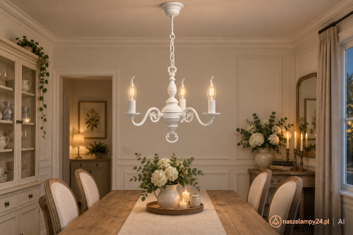 Biały żyrandol Lemir 3xE14 w formie klasycznego świecznika. Model 383/W3 BIA ma podział świecenia 2+1, szerokość 42 cm i wysokość 55 cm. Elegancka lampa do salonu, jadalni, gabinetu oraz wnętrz retro.
